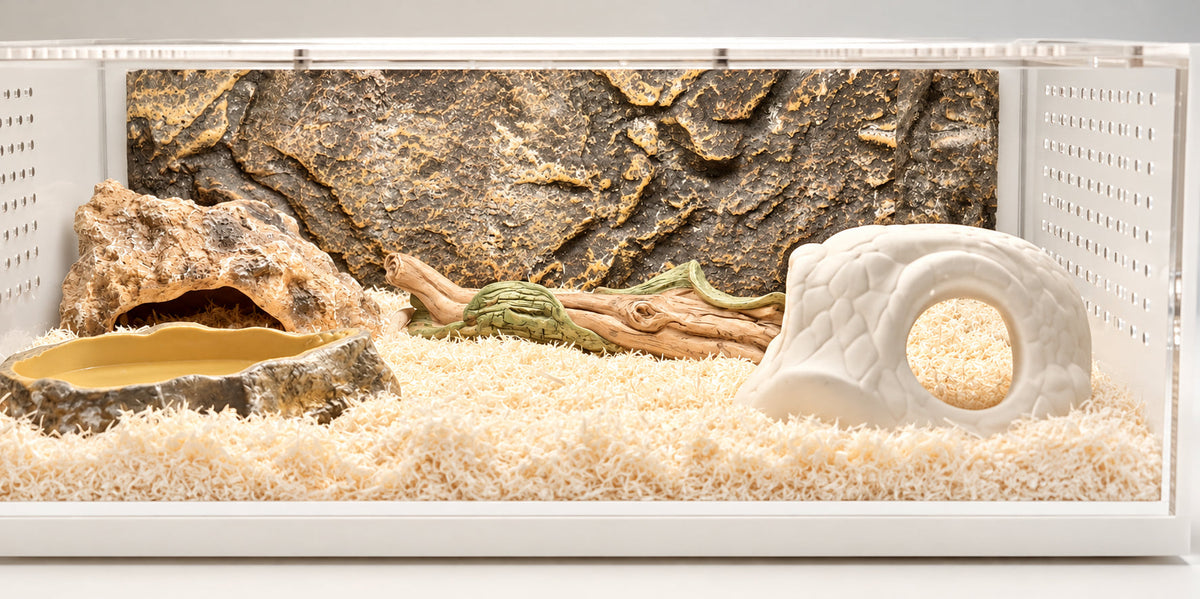 Complete reptile terrarium setup featuring Sneklet ceramic snake hideout, rock cave, and natural substrate